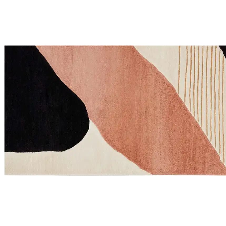 Top view of the Verdant Tapestry Hand Tufted Wool Rug showcasing an abstract design with bold black and soft pink patterns, perfect as a runner rug for contemporary spaces. Ideal for use as a kitchen rug, bathroom runner rug, or hallway runner rug, adding a modern touch to any room.