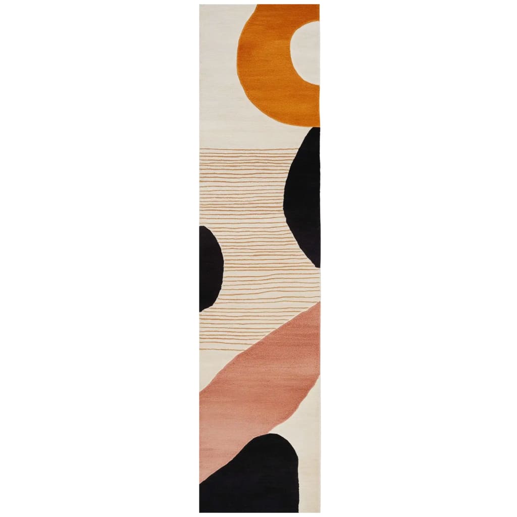 A stylish Verdant Tapestry Hand Tufted Wool Runner Rug, featuring a contemporary abstract design with bold geometric shapes in orange, black, and beige. Perfect for adding flair to kitchens, hallways, or bathrooms, this wool rug combines elegance and durability, making it an ideal kitchen runner rug or bathroom runner rug.