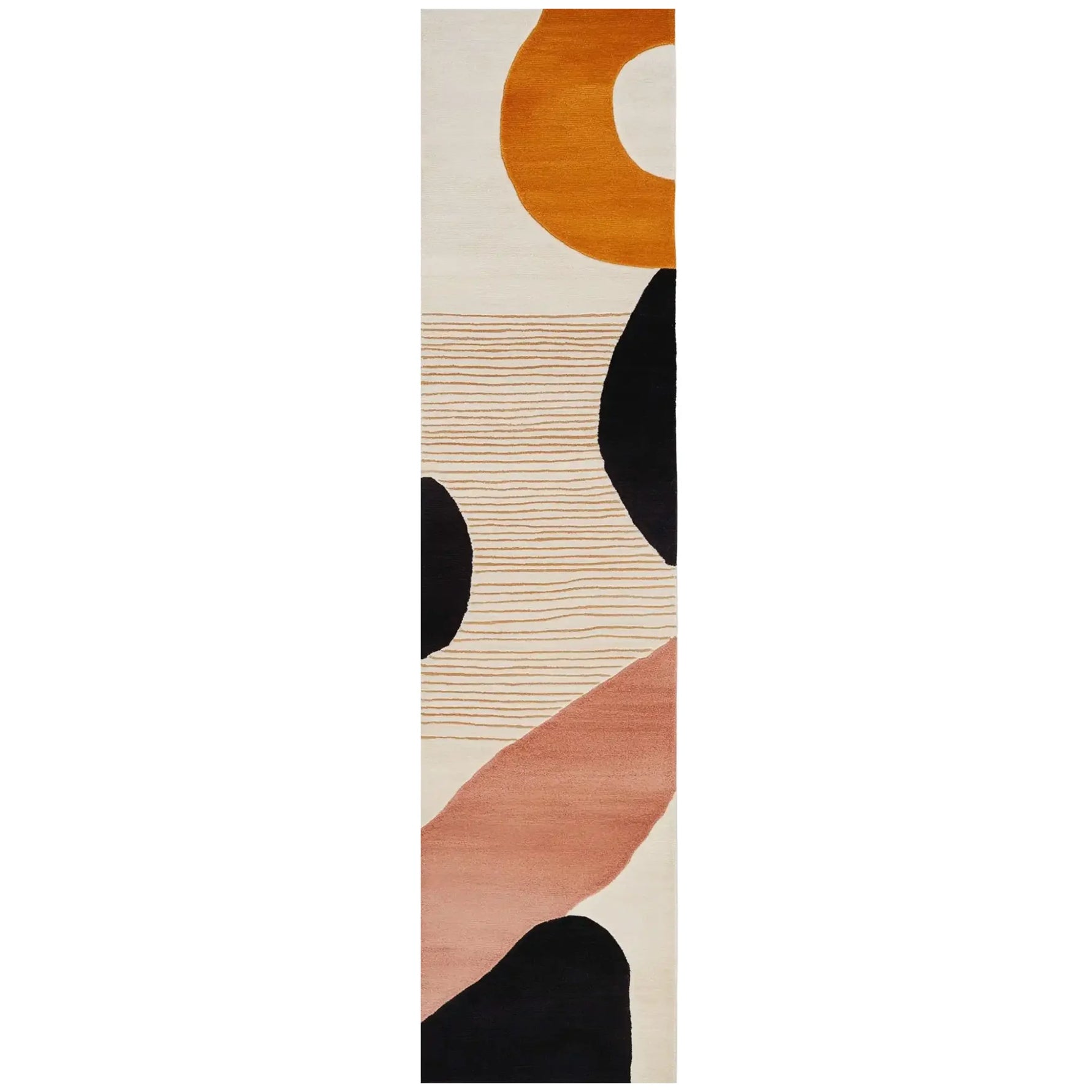 A stylish Verdant Tapestry Hand Tufted Wool Runner Rug, featuring a contemporary abstract design with bold geometric shapes in orange, black, and beige. Perfect for adding flair to kitchens, hallways, or bathrooms, this wool rug combines elegance and durability, making it an ideal kitchen runner rug or bathroom runner rug.