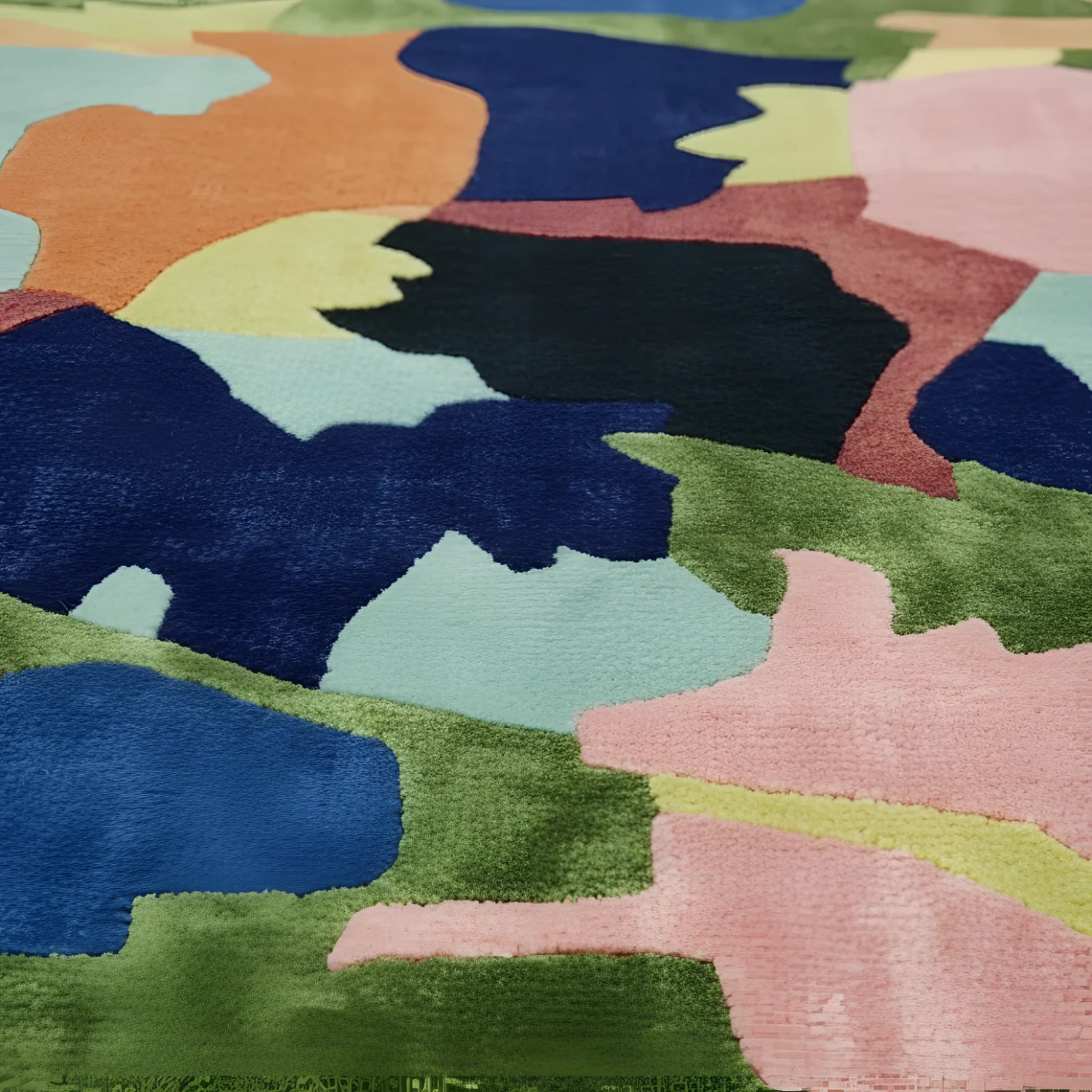Close-up of a colorful abstract rug with various shapes and patterns.