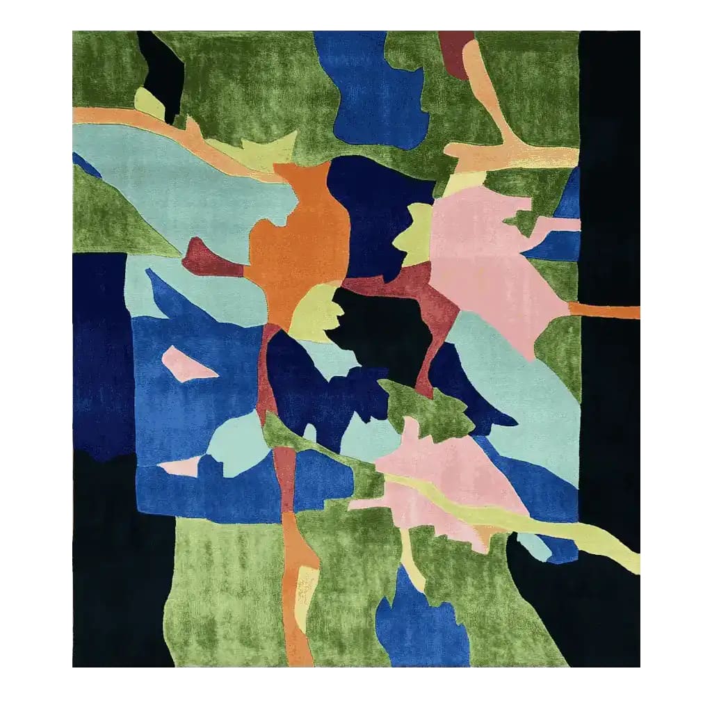 The Verdant Terrain Collage Hand Tufted Rug showcases a vibrant abstract design with a mix of green, blue, orange, pink, and teal colors. Ideal for adding a contemporary touch to large living rooms, this wool area rug combines artistic flair with functionality, making it a perfect choice for those seeking unique and stylish living room area rugs.