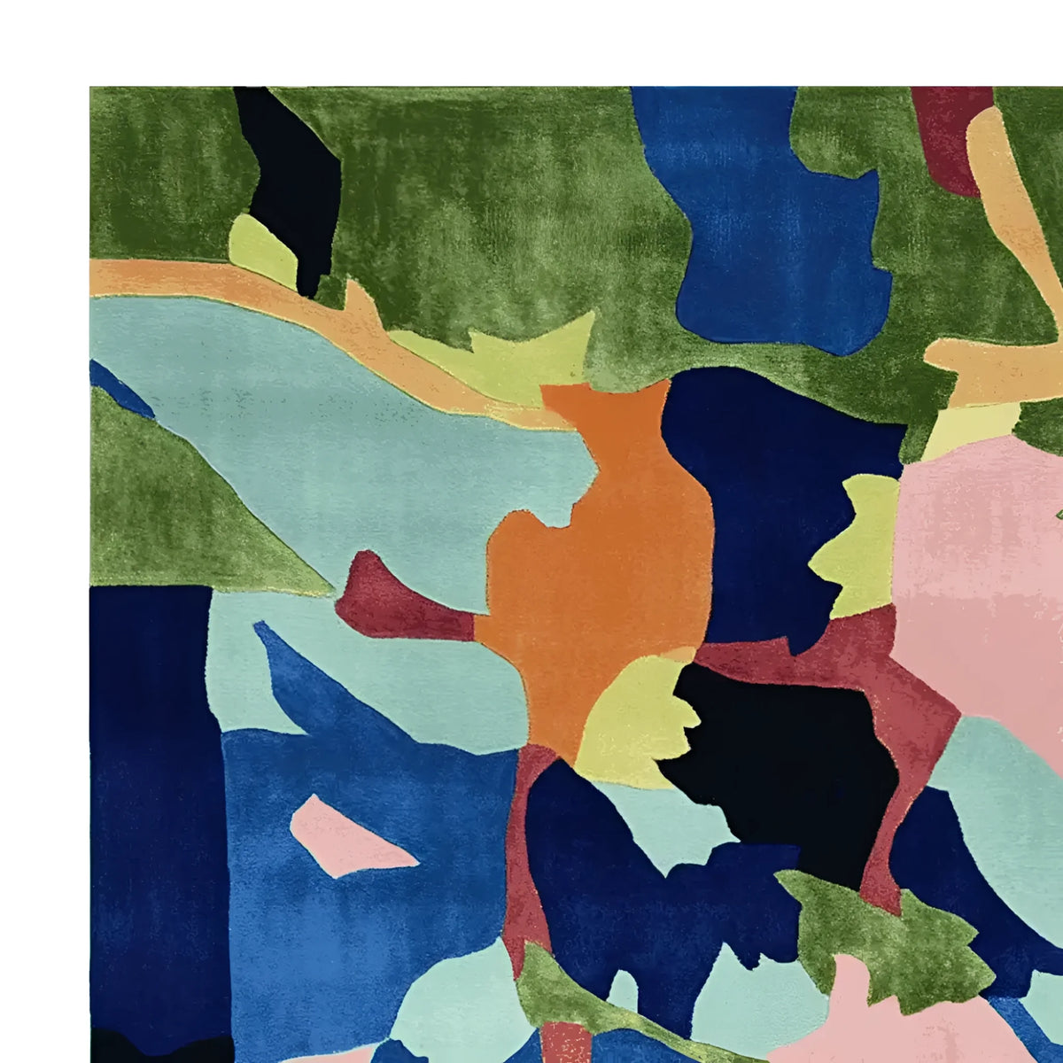 The Verdant Terrain Collage Hand Tufted Rug, a stunning area rug perfect for contemporary living room spaces. This large living room rug features an abstract design with vibrant hues of green, blue, orange, and pink, crafted from high-quality wool, adding a modern touch to any room.
