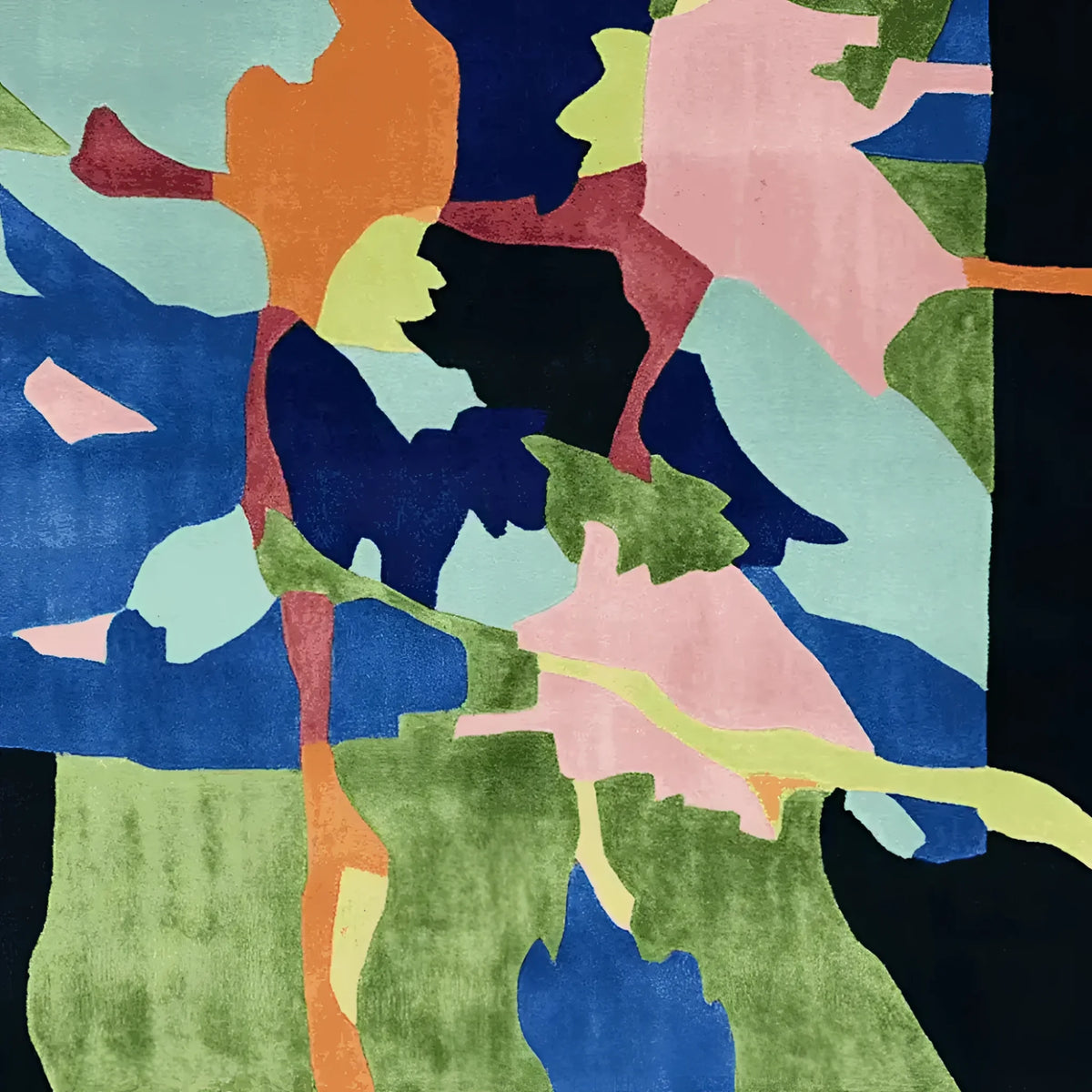 Top view of the Verdant Terrain Collage Hand Tufted Rug showcasing its vibrant abstract design. This contemporary wool area rug features a dynamic mix of blues, greens, pinks, and oranges, making it an ideal centerpiece for large living room spaces.