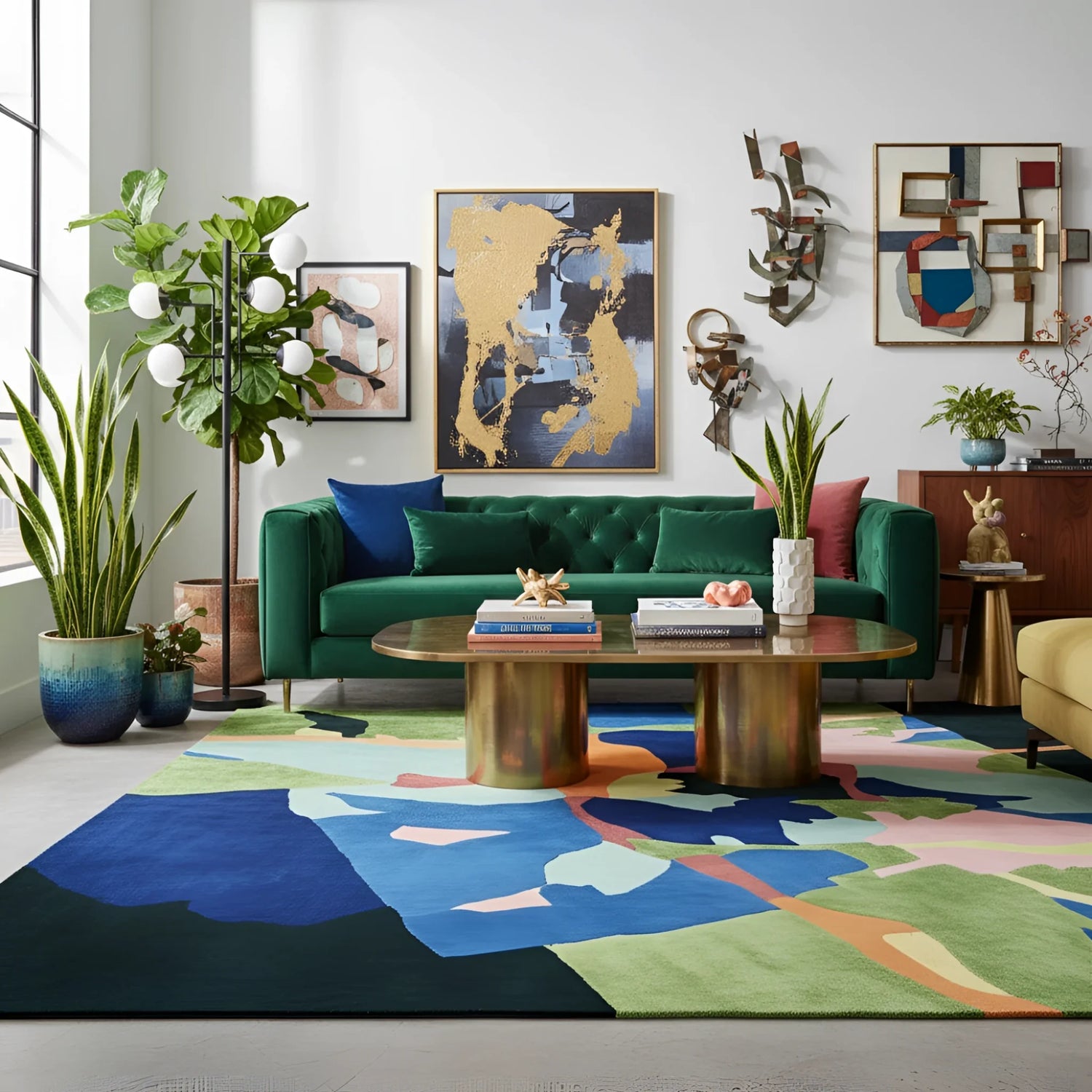 Modern living room with a green sofa, colorful rug, and abstract art.