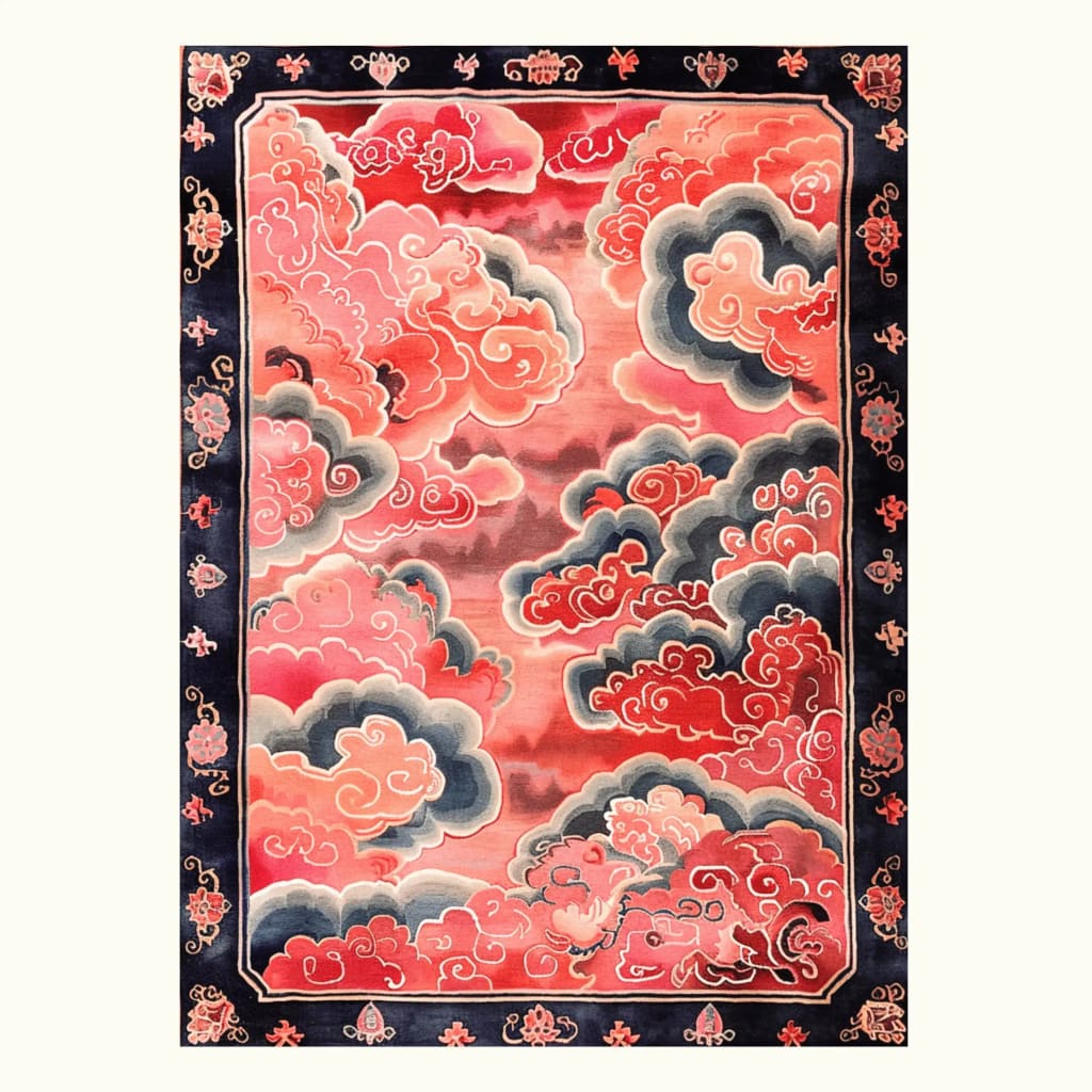 This stunning Vermilion Cloud Frame Hand Tufted Rug is an eye-catching area rug perfect for a large living room. The wool rug features an abstract design with vibrant shades of red, pink, and grey, creating a cloud-like pattern that adds a touch of elegance to any living space. Ideal for those seeking unique area rugs for the living room.