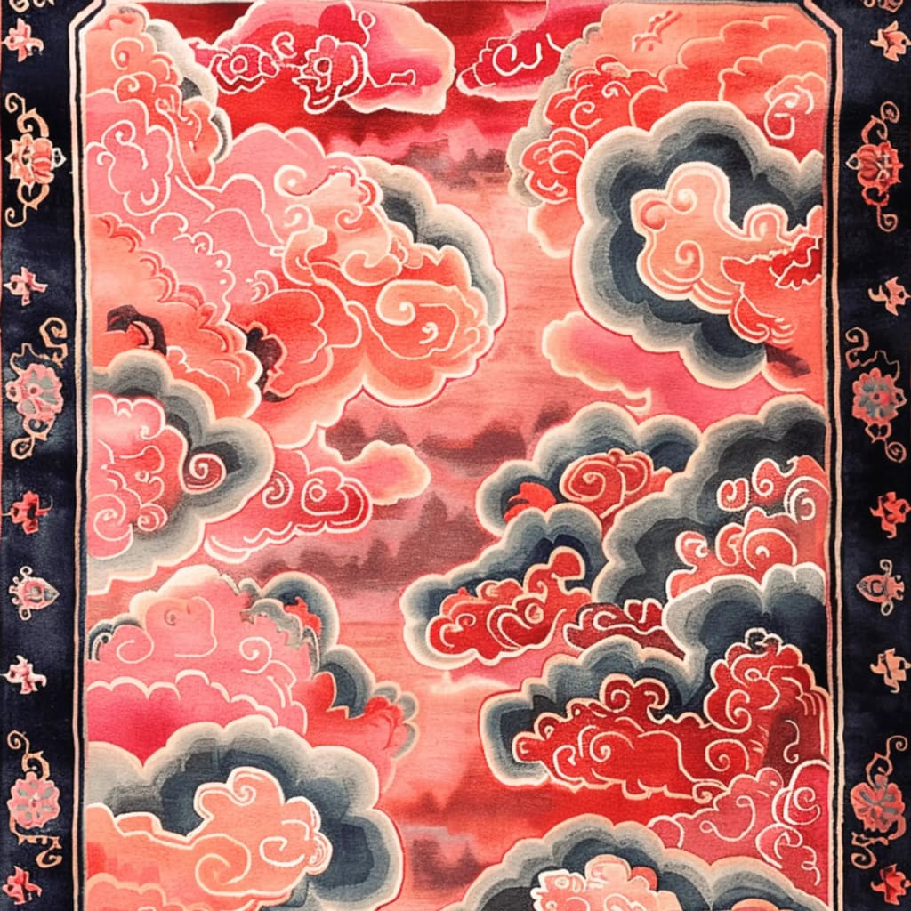 Top view of the Vermilion Cloud Frame Hand Tufted Rug, a striking area rug perfect for large living rooms. Featuring a vibrant abstract design with swirling pink and red clouds, this wool rug adds a touch of elegance and warmth, making it an ideal choice for area rugs in the living room.