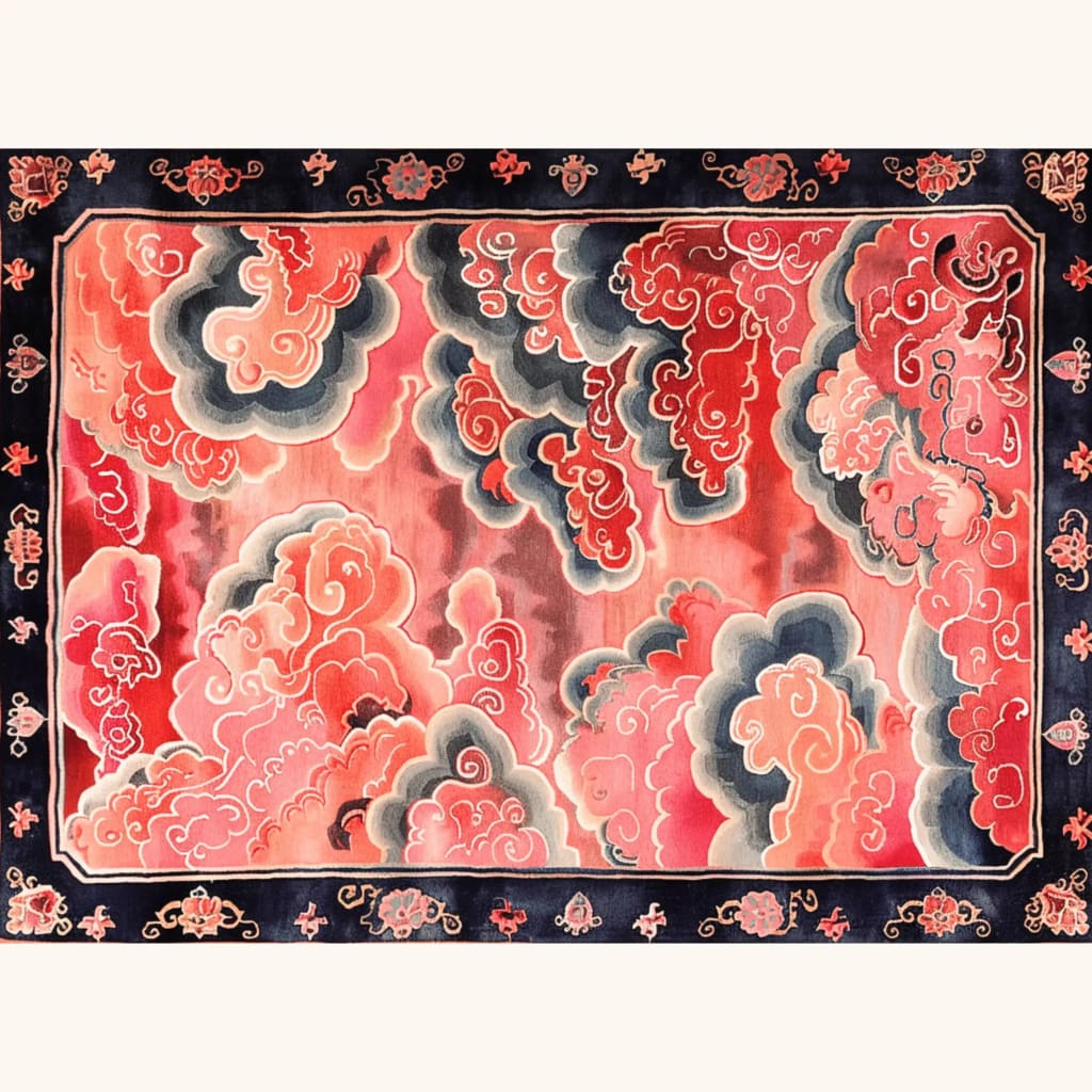 A vibrant Vermilion Cloud Frame Hand Tufted Area Rug showcasing an abstract design with swirling red, pink, and blue cloud patterns. Perfect for large living rooms, this wool rug adds a touch of elegance and warmth to any living space.