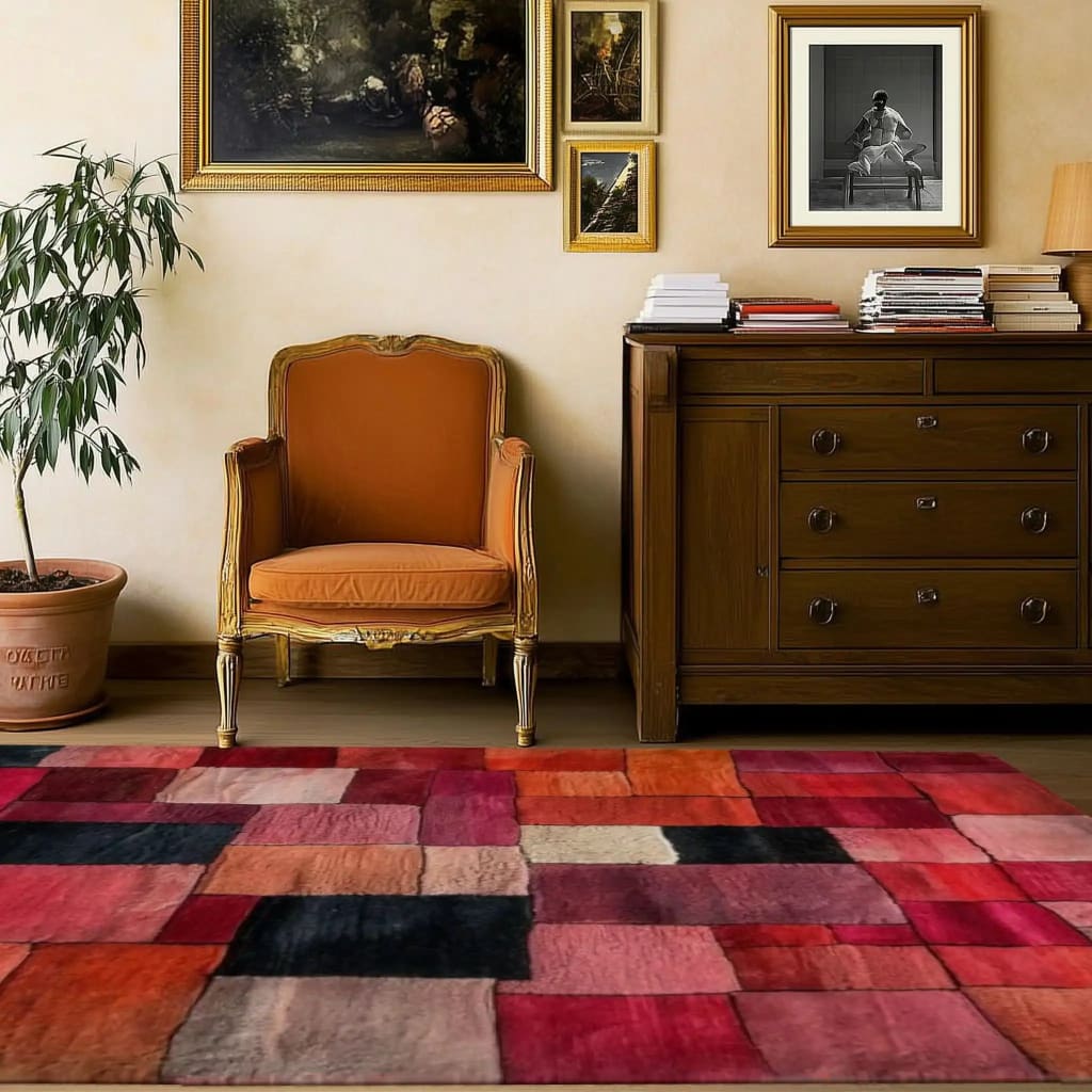 A vibrant Vermilion Grid Hand Tufted Area Rug adorns a cozy living room setting. This wool rug, with its contemporary patchwork design of reds, oranges, and blacks, adds a pop of color against a classic wooden dresser and an elegant armchair. Perfect for those seeking large area rugs to elevate their living room aesthetics.