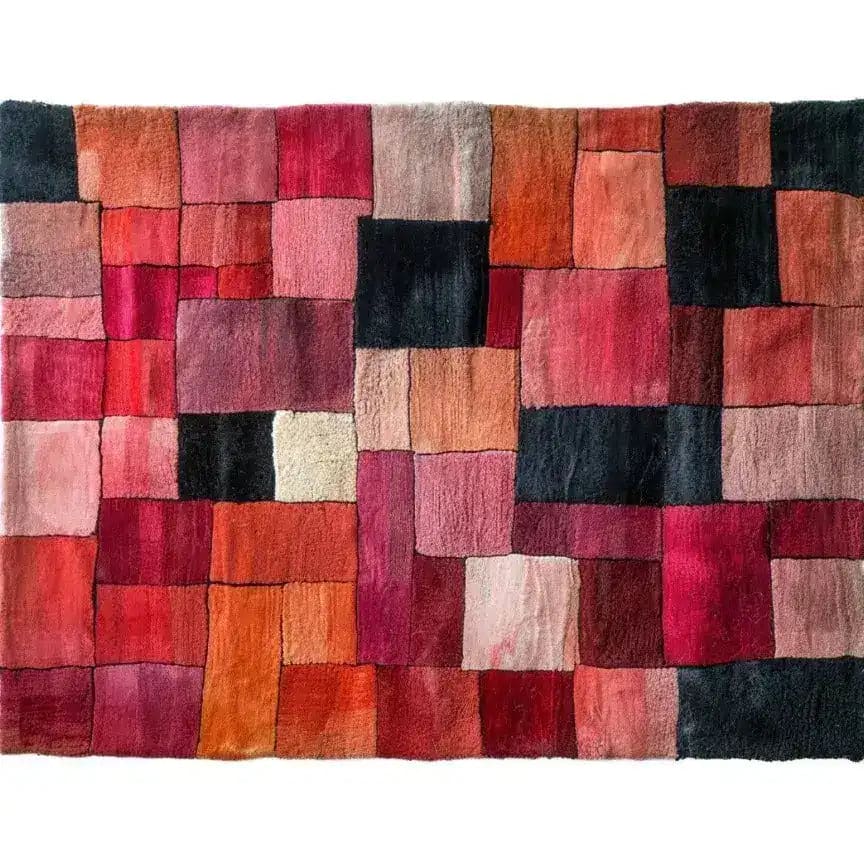 Vermilion Grid Hand Tufted Area Rug featuring a vibrant patchwork of red, pink, and orange hues with a contemporary design, perfect for adding a touch of elegance to a living room. This large wool rug is ideal for those seeking stylish and modern large area rugs for their living room.