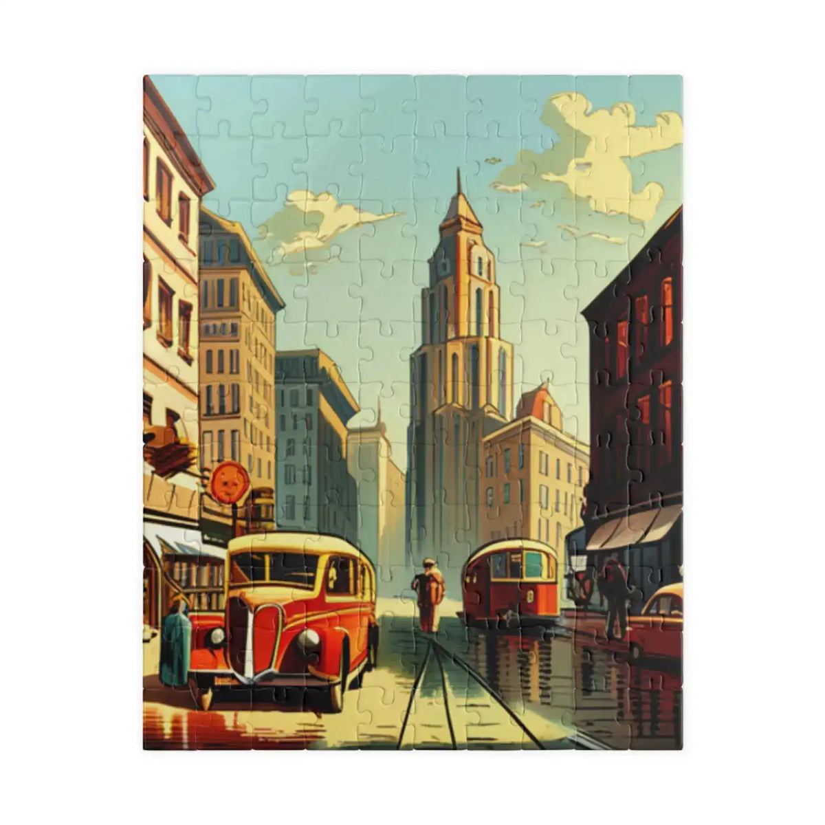 Vertical 110-piece jigsaw of a retro city street, classic red bus and tram heading toward a tall clock tower