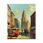 Vertical 110-piece jigsaw of a retro city street, classic red bus and tram heading toward a tall clock tower
