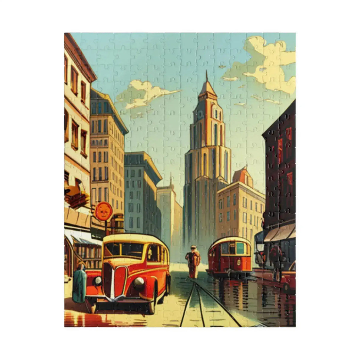 Vertical 252-piece puzzle of a vintage avenue, art-deco clock tower rising over a red bus and tram on rainy tracks