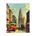 Vertical 252-piece puzzle of a vintage avenue, art-deco clock tower rising over a red bus and tram on rainy tracks