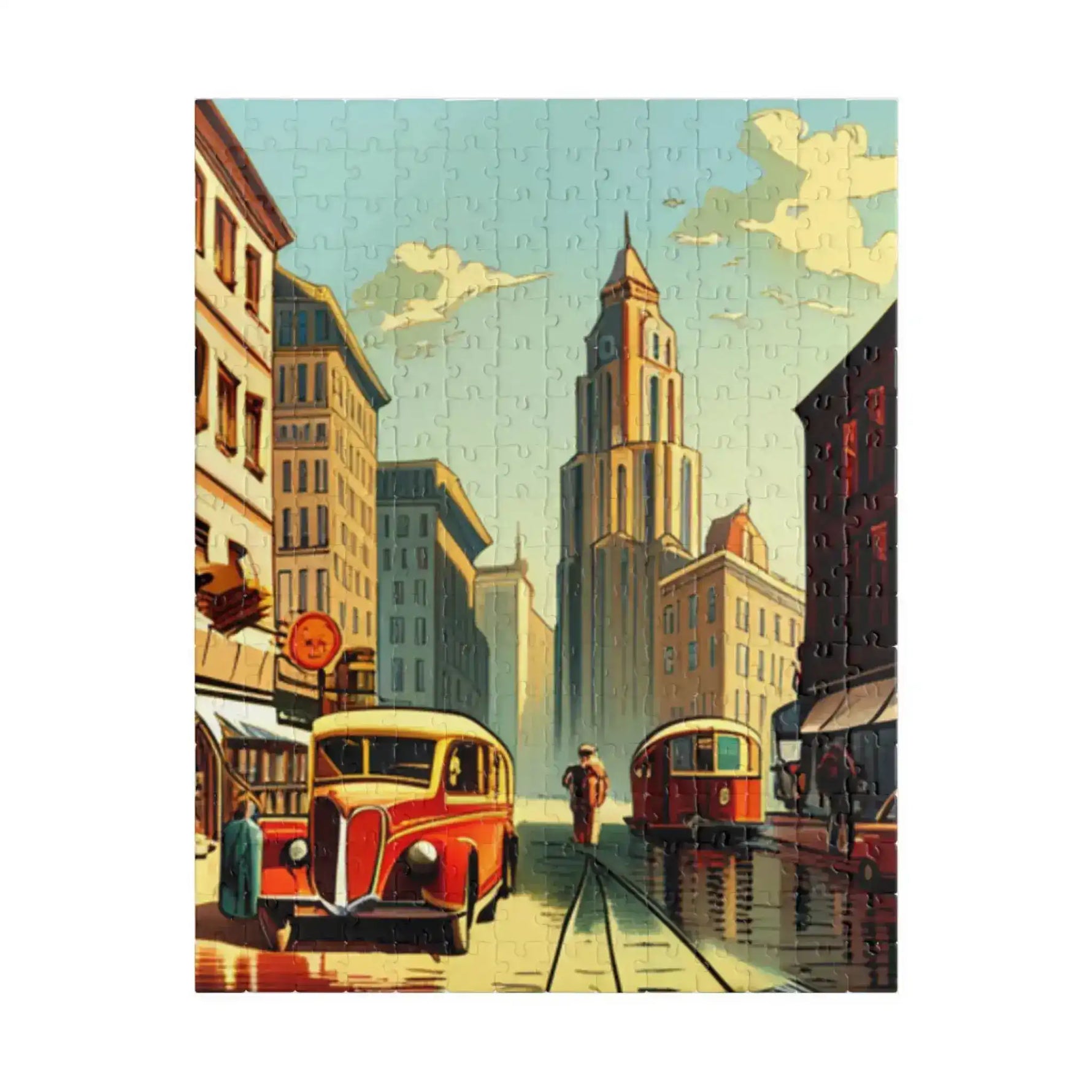Vertical 252-piece puzzle of a vintage avenue, art-deco clock tower rising over a red bus and tram on rainy tracks
