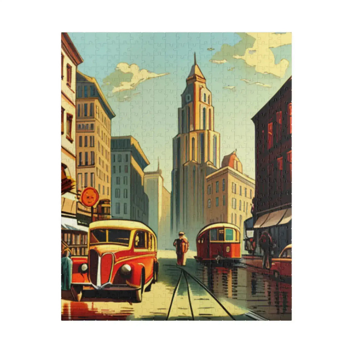 Vertical 520-piece jigsaw of a nostalgic city street, red coach and tram flanking tracks beneath a tall art-deco tower