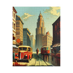 Vertical 520-piece jigsaw of a nostalgic city street, red coach and tram flanking tracks beneath a tall art-deco tower