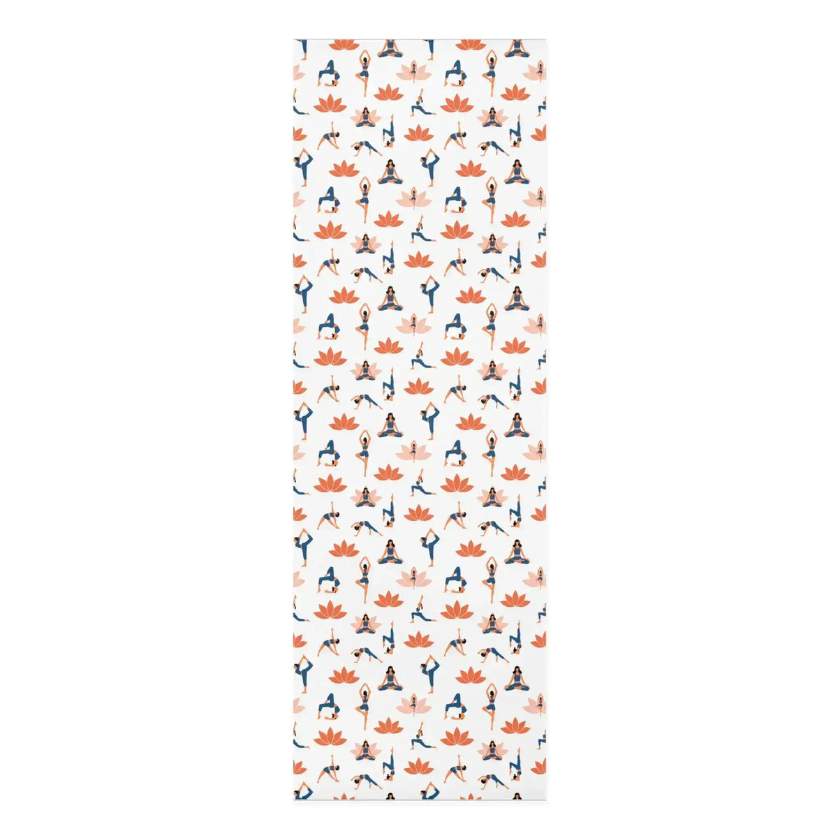 Vertical Graceful Lotus mat, white ground with yoga pose figures and orange lotus blooms