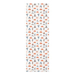 Vertical Graceful Lotus mat, white ground with yoga pose figures and orange lotus blooms