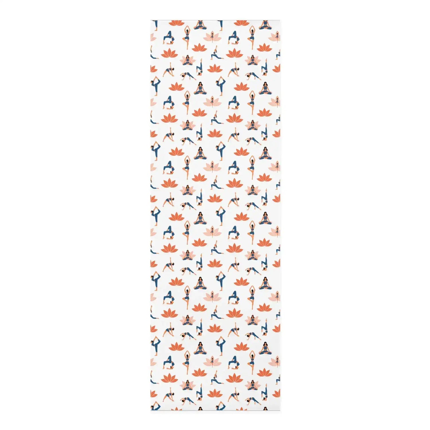 Vertical Graceful Lotus mat, white ground with yoga pose figures and orange lotus blooms