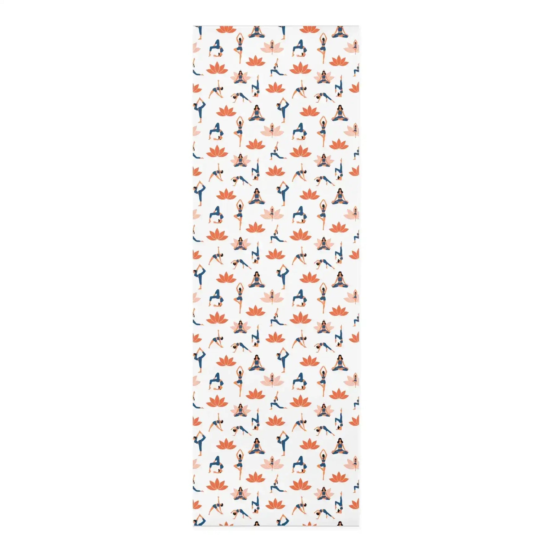 Vertical Graceful Lotus mat, white ground with yoga pose figures and orange lotus blooms