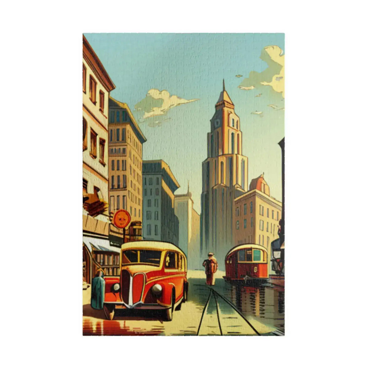 Vertical jigsaw puzzle of a retro city avenue with a soaring clock tower, red vintage bus, and tram under a pale blue sky