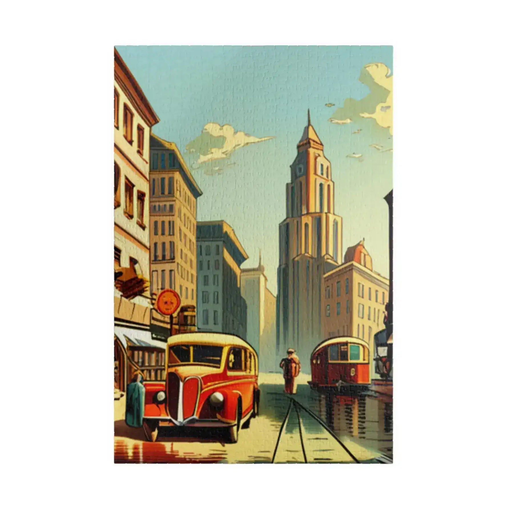 Vertical jigsaw puzzle of a retro city avenue with a soaring clock tower, red vintage bus, and tram under a pale blue sky