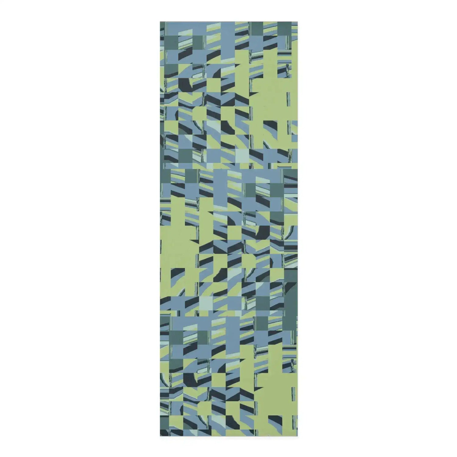 Vertical Pixel Wave mat in mosaic of sage green and slate-blue geometric blocks