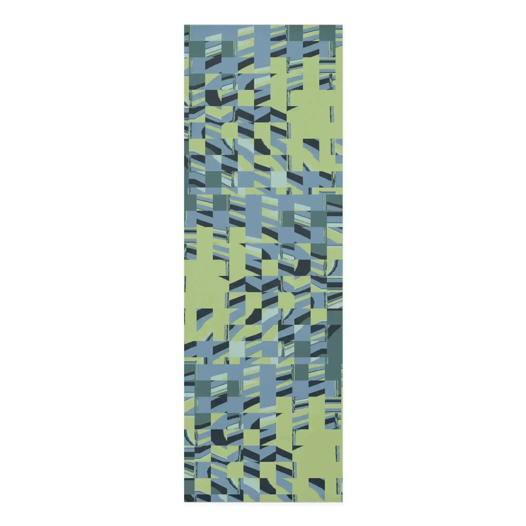 Vertical Pixel Wave mat in mosaic of sage green and slate-blue geometric blocks