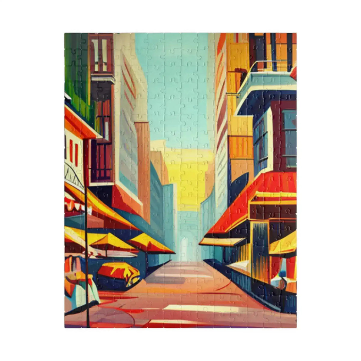 Vertical Urban Vibes puzzle, bold brushwork buildings and awnings receding down a bright street