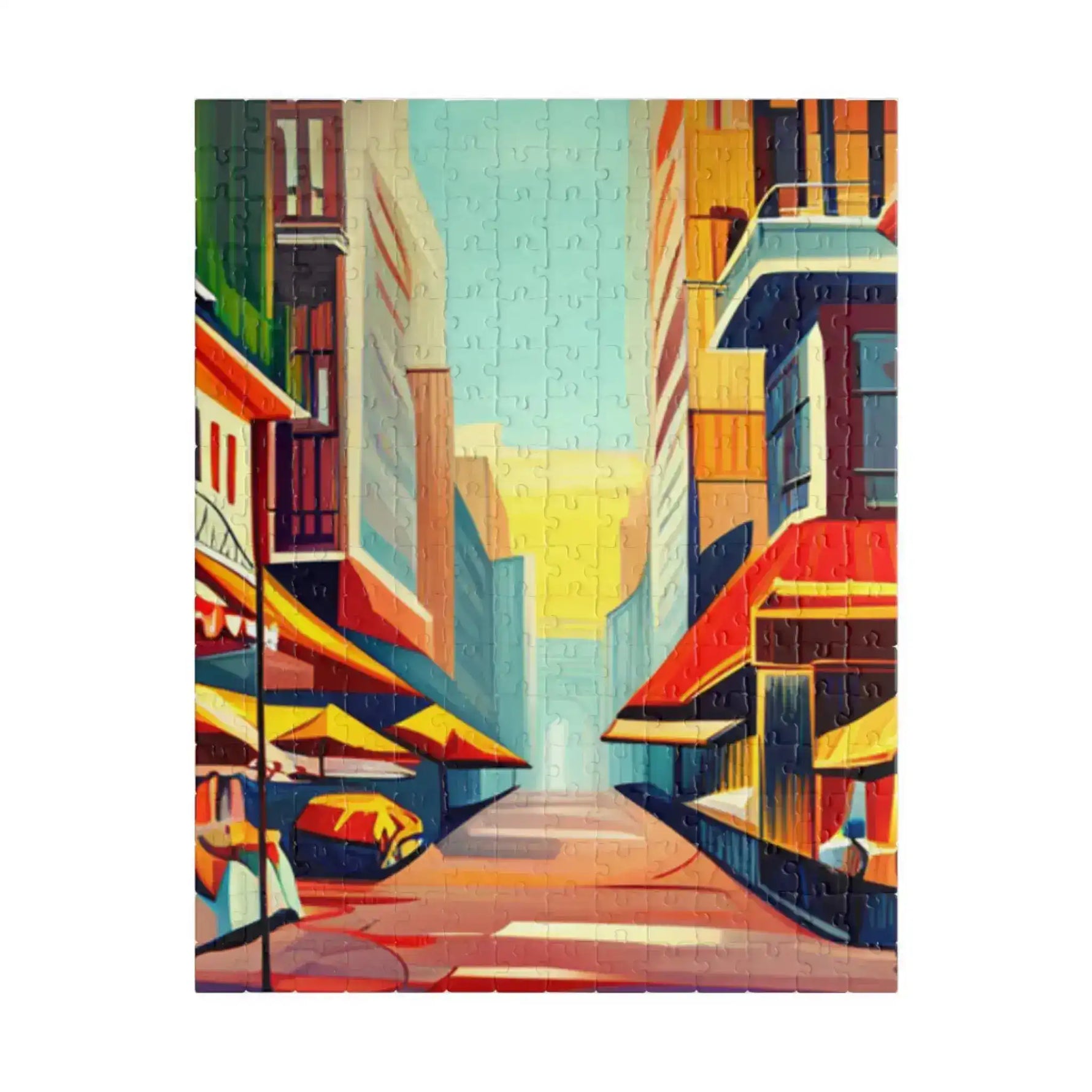 Vertical Urban Vibes puzzle, bold brushwork buildings and awnings receding down a bright street