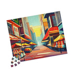 Vertical Urban Vibes puzzle of a bright stylized cityscape with red and yellow canopies