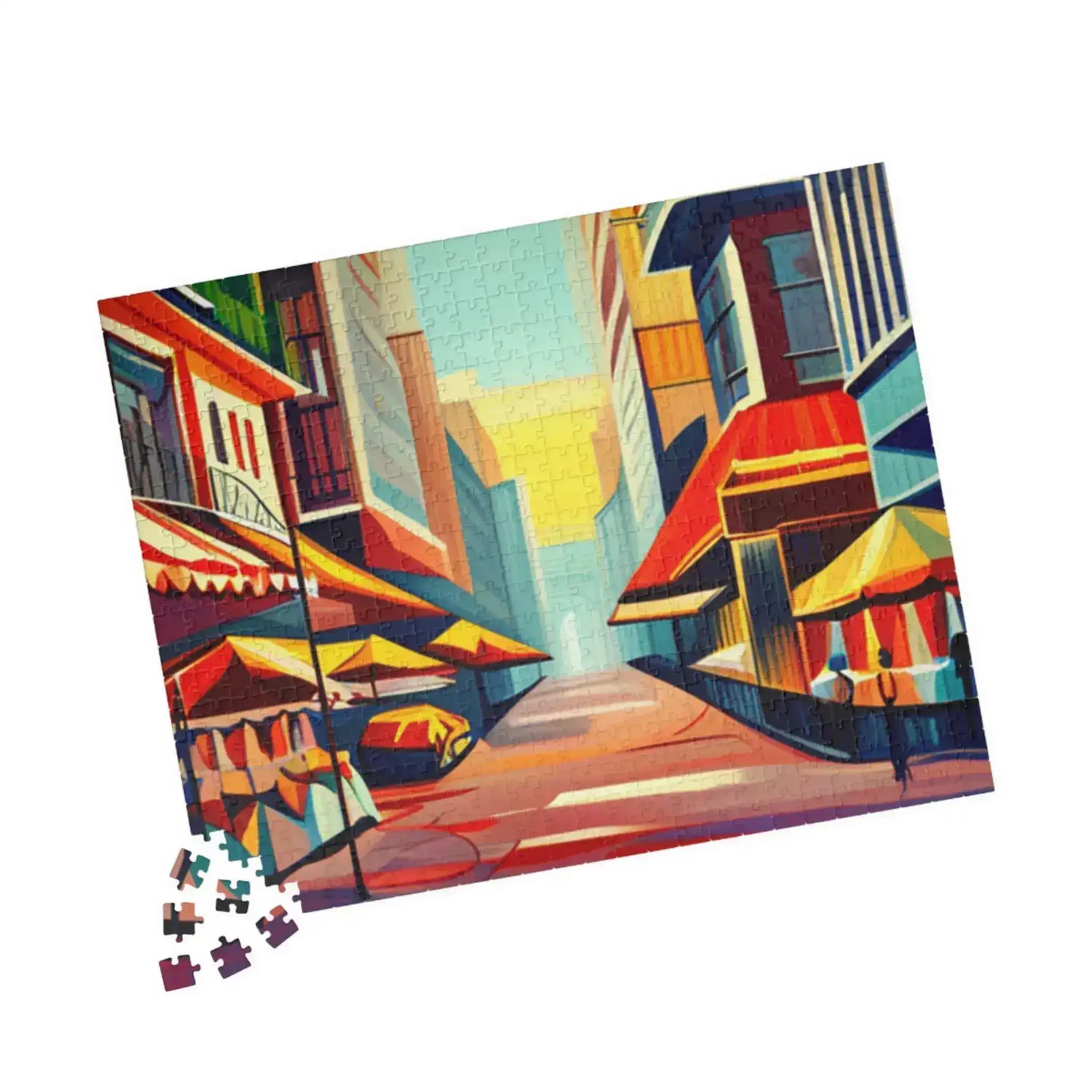 Vertical Urban Vibes puzzle of a bright stylized cityscape with red and yellow canopies
