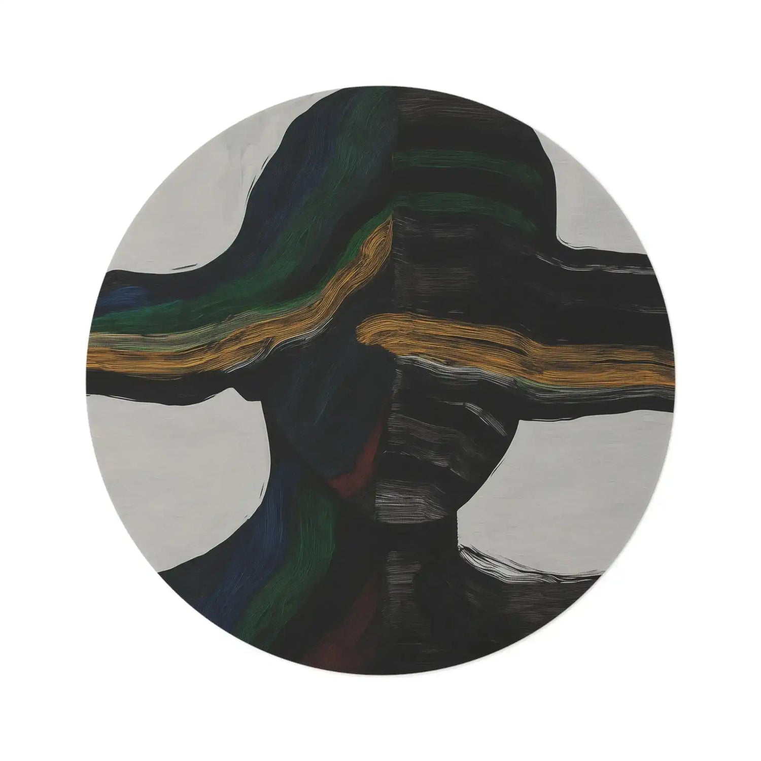 Round abstract Vibe Split rug with bold black brushstroke halves and ochre gold accent streak on cream ground, flat top-down view