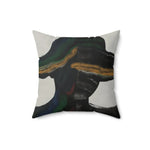 Vibe Split Throw Pillow front view featuring large organic black painted shapes split by a warm gold stripe accent on off-white ground
