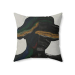 Vibe Split Throw Pillow showing bold black abstract brushwork with green and gold horizontal band on a cream background, full front