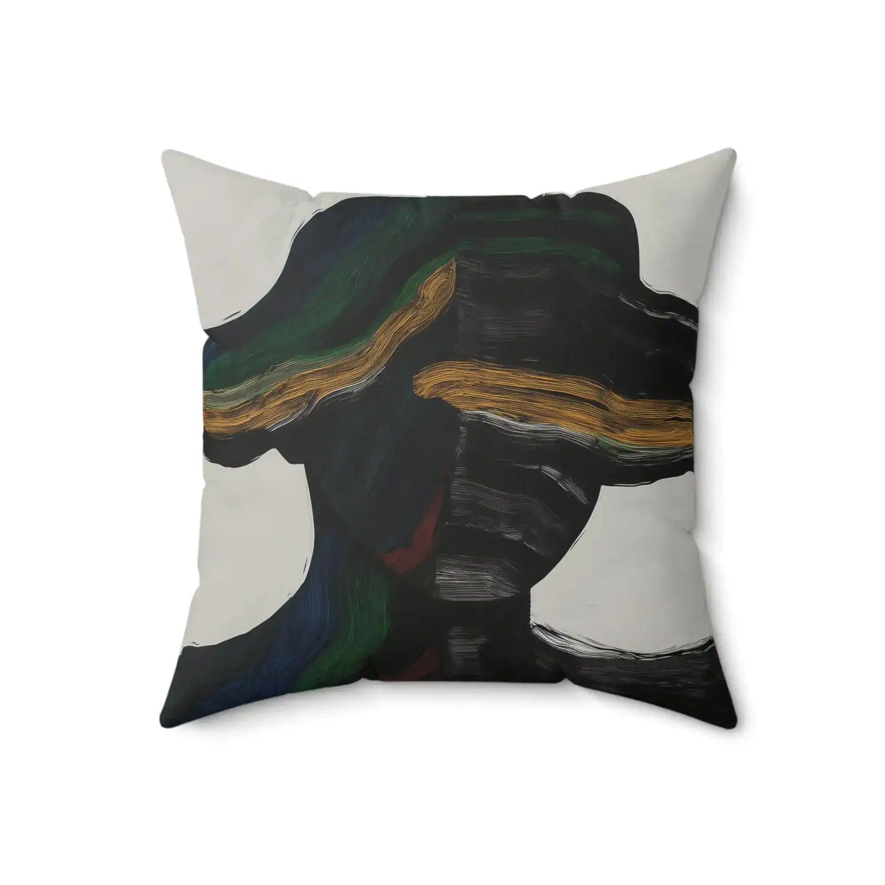 Vibe Split Throw Pillow showing bold black abstract brushwork with green and gold horizontal band on a cream background, full front