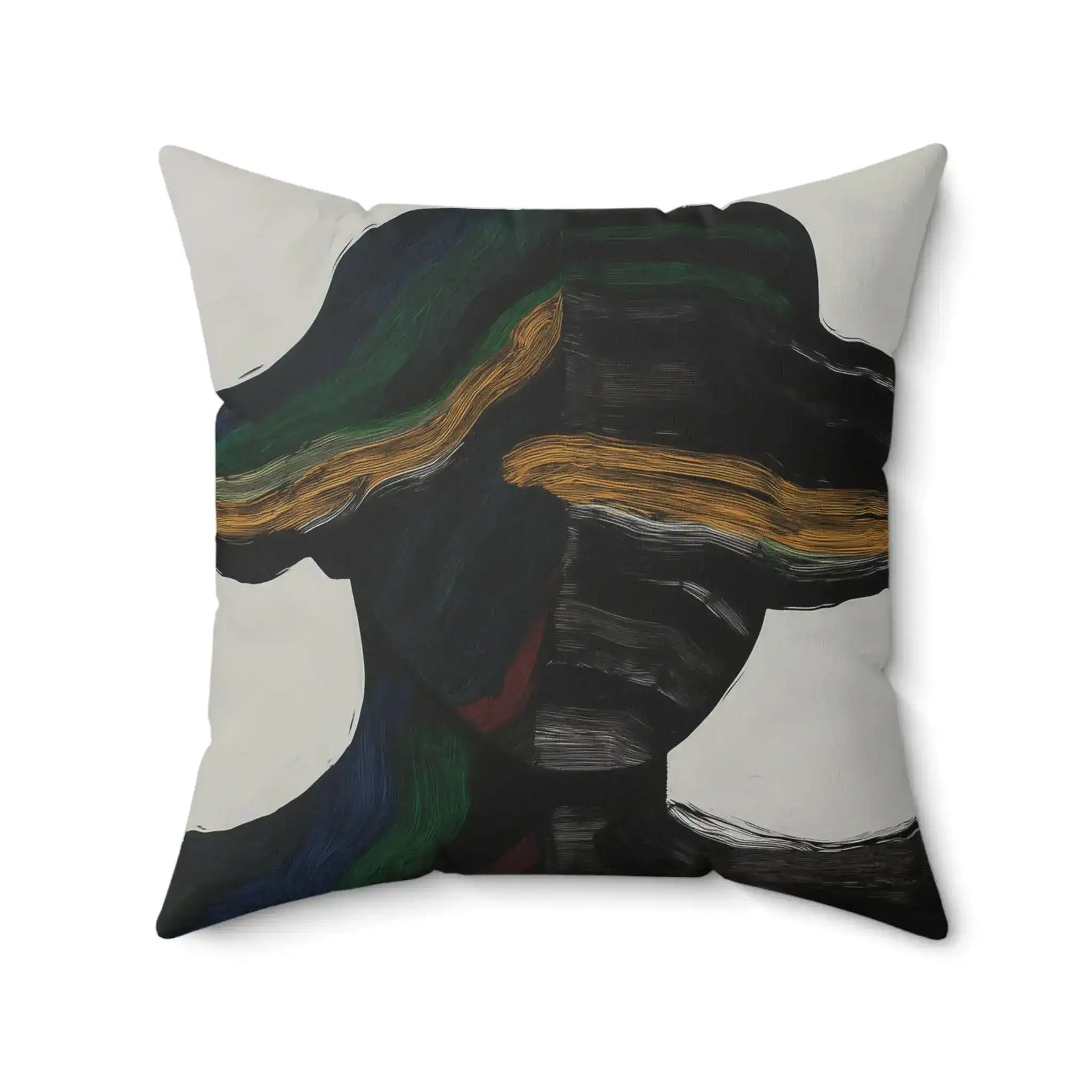 Vibe Split Throw Pillow close crop highlighting textured black paint strokes and layered gold streak with blue-green accent on cream linen cushion