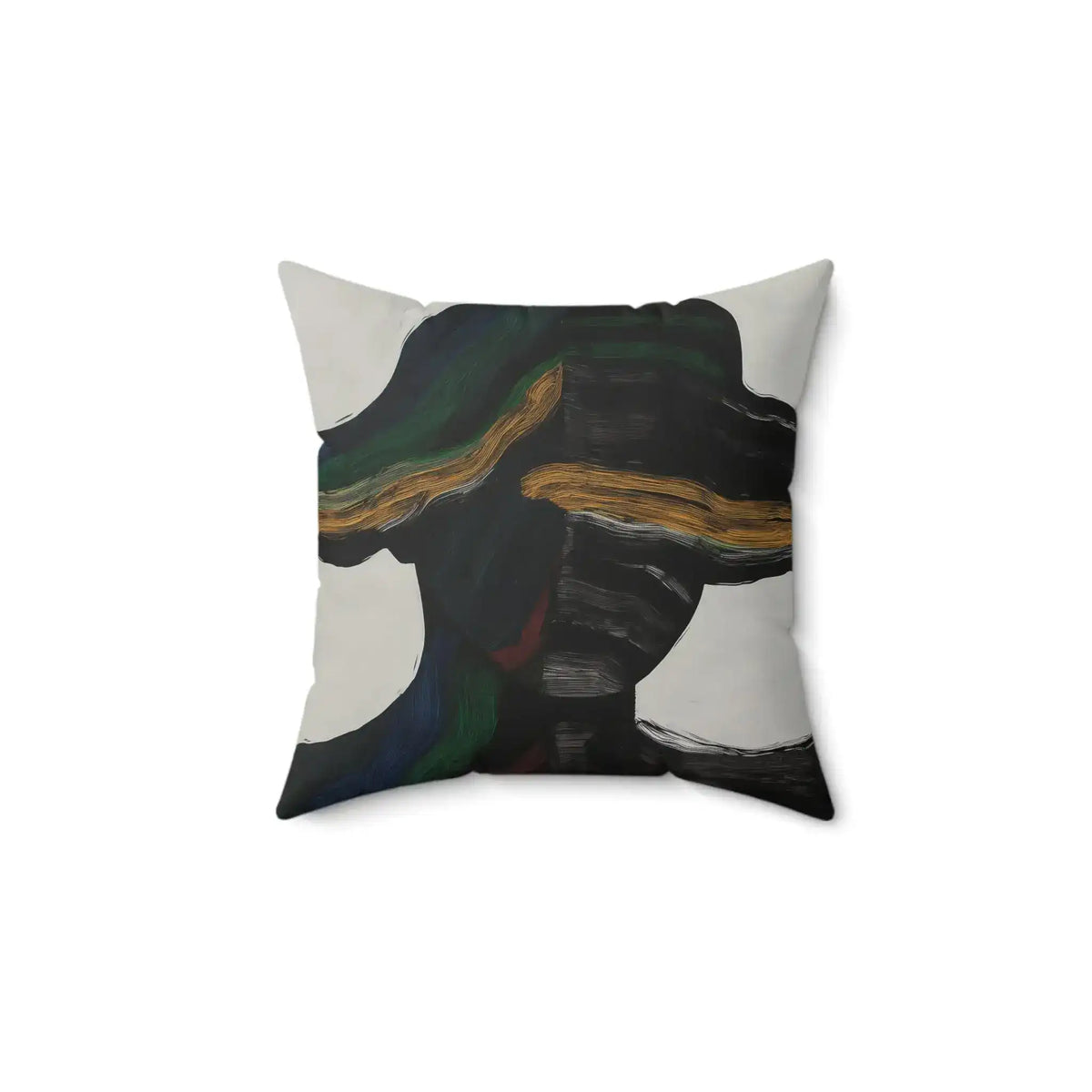 Square Vibe Split Throw Pillow with bold abstract black brushstroke forms and a horizontal gold ochre streak on a light cream linen background