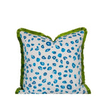 Vibrant aquatic leopard throw pillow cover featuring a colorful blue leopard print design against a white background with a green fringe edge.