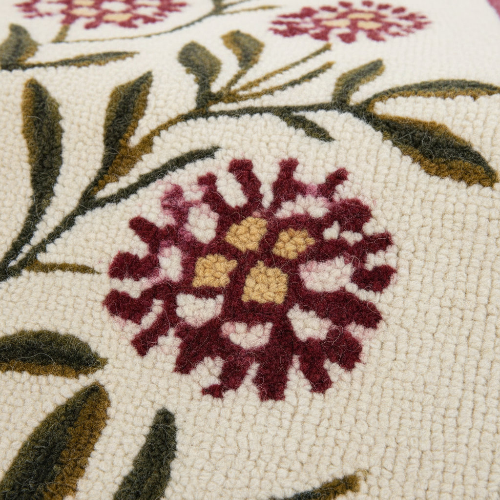 Close-up of a floral patterned fabric with red flowers and green leaves on a beige background.