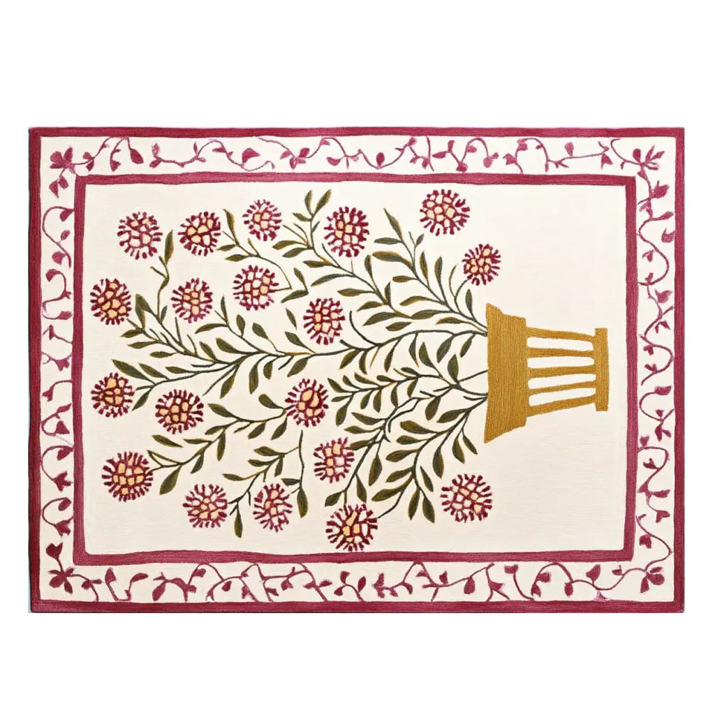 A beautiful area rug featuring a vibrant floral design with red and green colors on a cream background, perfect for large living rooms. This contemporary wool rug is ideal for those seeking stylish living room rugs in 8x10 size.