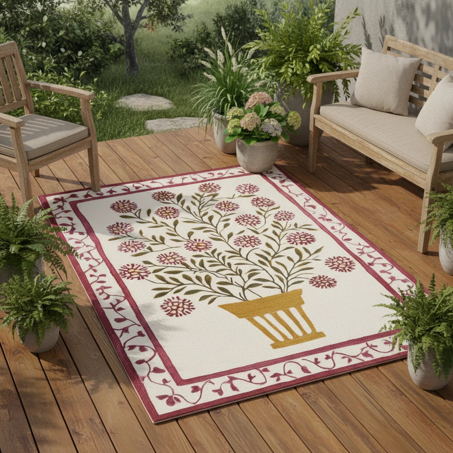 Decorative rug with floral pattern on a wooden deck surrounded by plants and furniture.