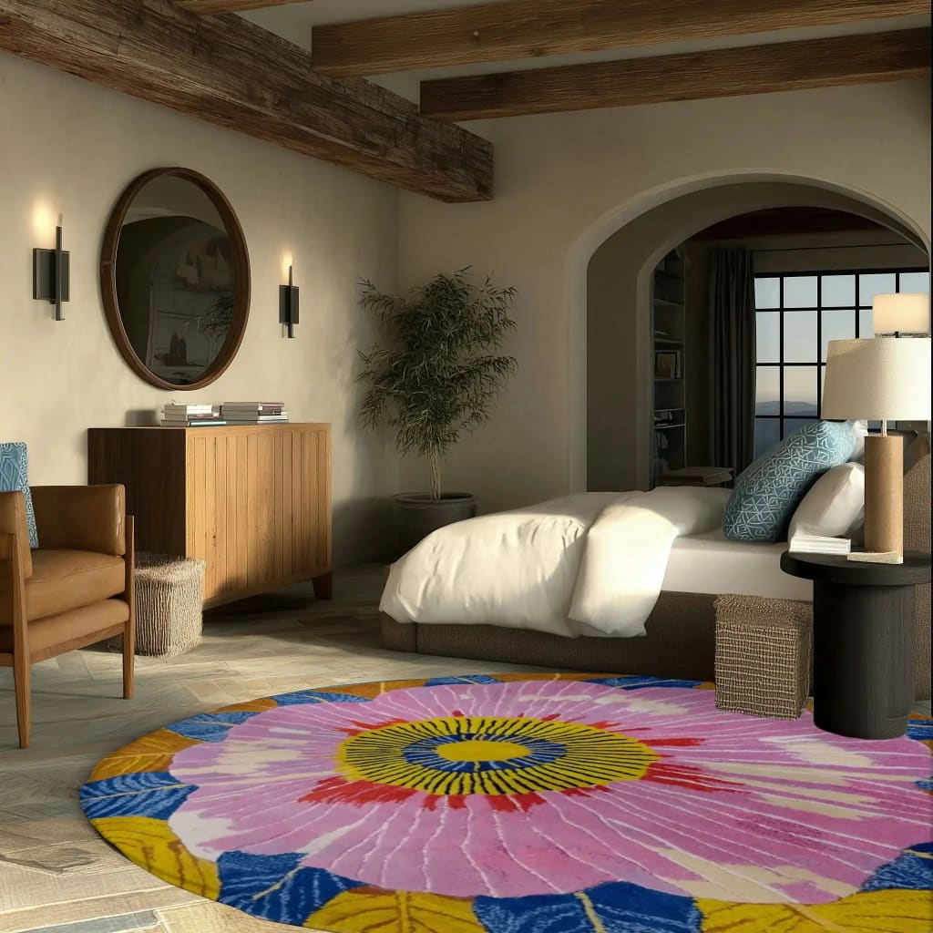 A cozy bedroom featuring the Vibrant Bloom Tapestry Hand Tufted Round Rug, showcasing a colorful floral design. This wool area rug adds a pop of color and elegance, perfect for a dining room, office, or any space needing a lively touch. The round rug's intricate patterns make it an ideal choice for office rugs and floral rug enthusiasts.