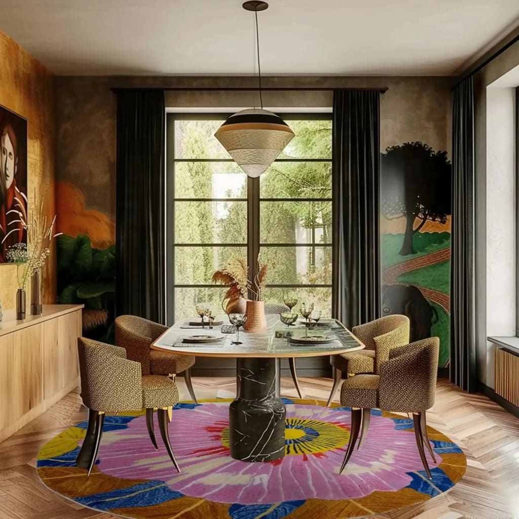 A vibrant floral round area rug enhances a stylish dining room setting. The wool rug features colorful bloom patterns, adding a lively touch to the space. Perfect for dining rooms or office settings, this round rug complements the modern decor with its artistic design.