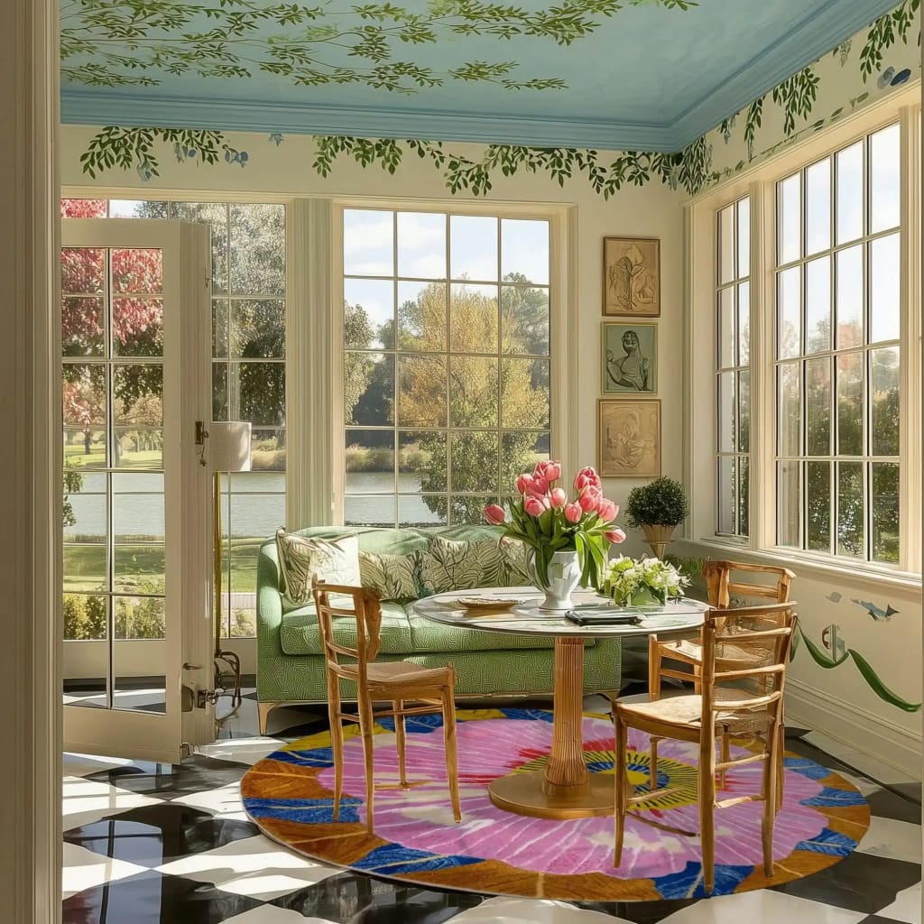 A beautifully decorated dining room featuring a vibrant bloom tapestry hand-tufted round rug. This floral area rug, perfect for adding a splash of color to any space, sits beneath a glass-top dining table surrounded by wooden chairs. The room is flooded with natural light from large windows, making it an ideal spot for an office or a cozy dining area. The wool rug's vibrant colors complement the serene outdoor view, making it a perfect choice for office rugs or dining room decor.