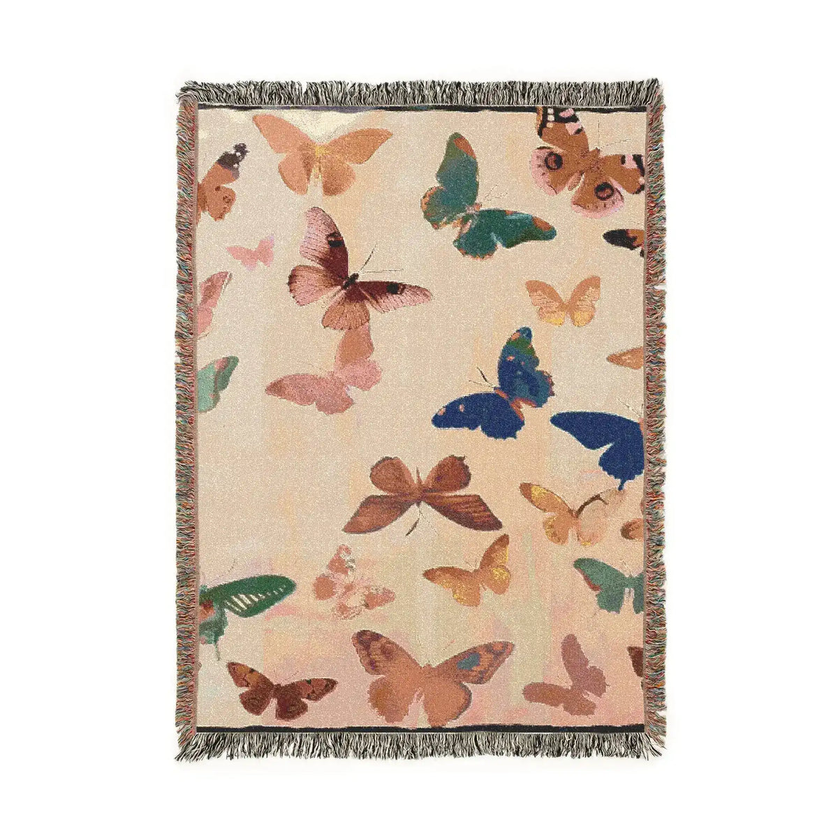 Woven throw blanket scattered with multicolored butterflies in pink, teal, blue, gold, and brown on cream linen-textured ground with fringed edges — Vibrant Butterfly Woven Blanket