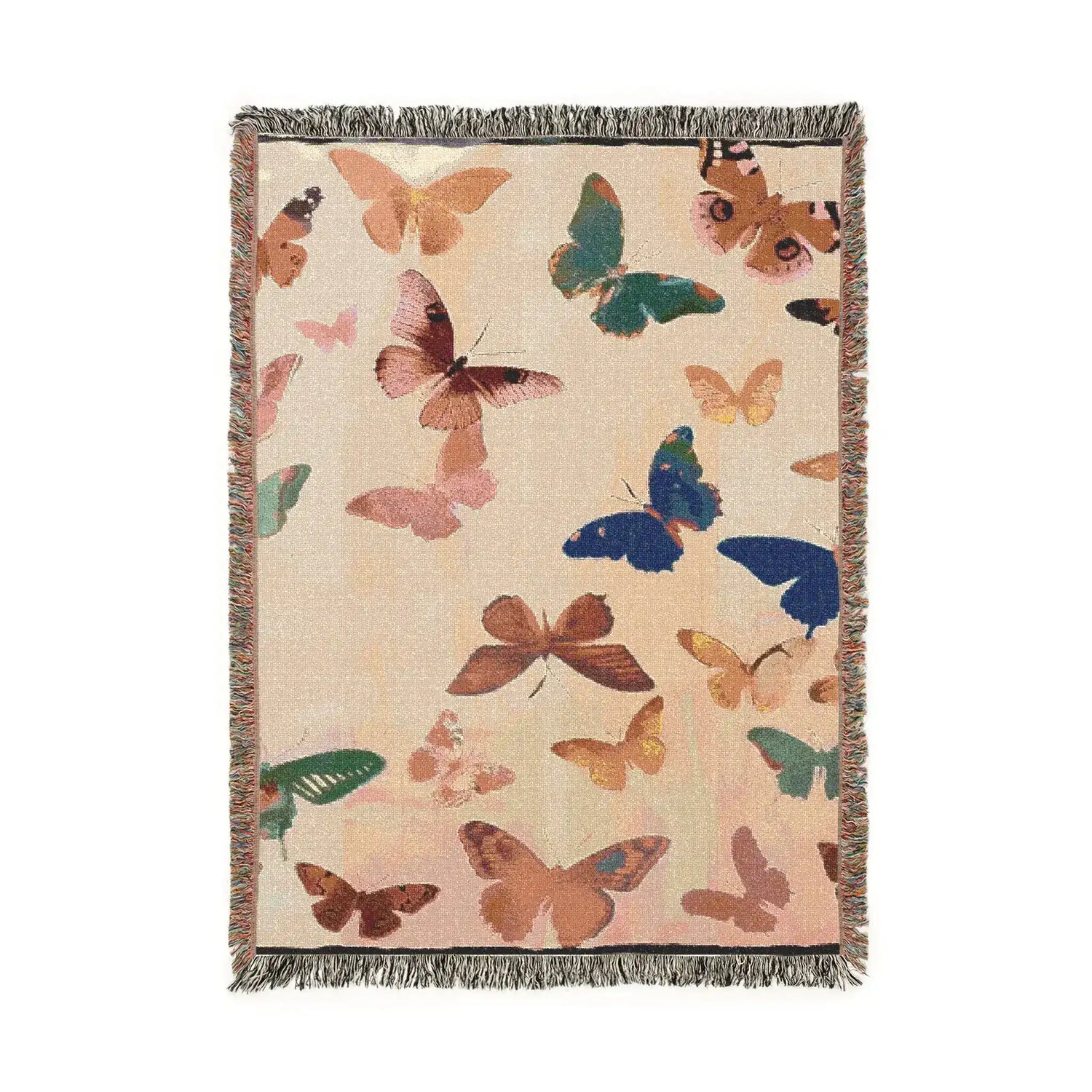 Woven throw blanket scattered with multicolored butterflies in pink, teal, blue, gold, and brown on cream linen-textured ground with fringed edges — Vibrant Butterfly Woven Blanket