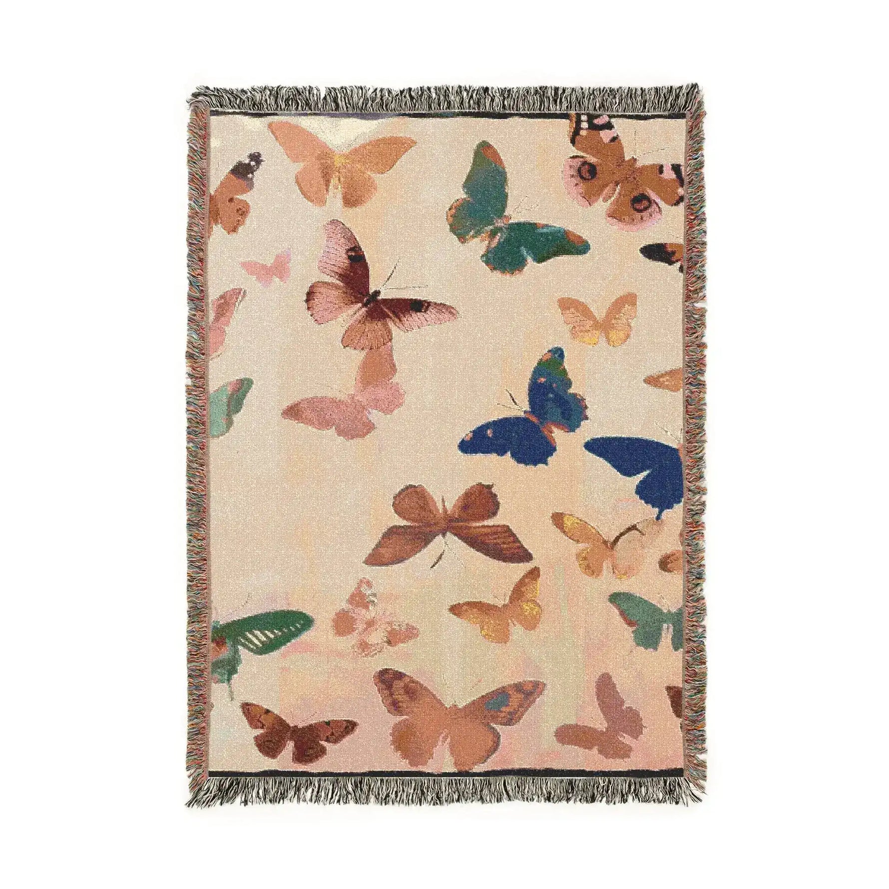 Woven throw blanket scattered with multicolored butterflies in pink, teal, blue, gold, and brown on cream linen-textured ground with fringed edges — Vibrant Butterfly Woven Blanket