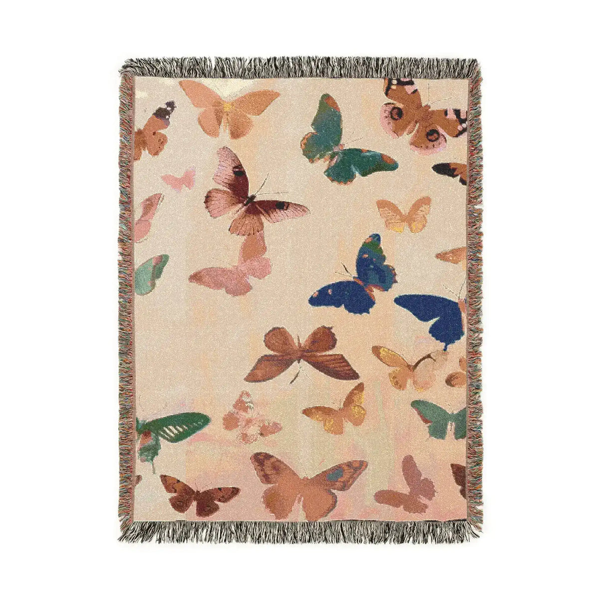 Vibrant Butterfly Woven Blanket flat lay from wider angle — cream woven throw with scattered butterflies in blue, pink, teal, and golden hues with fringed border