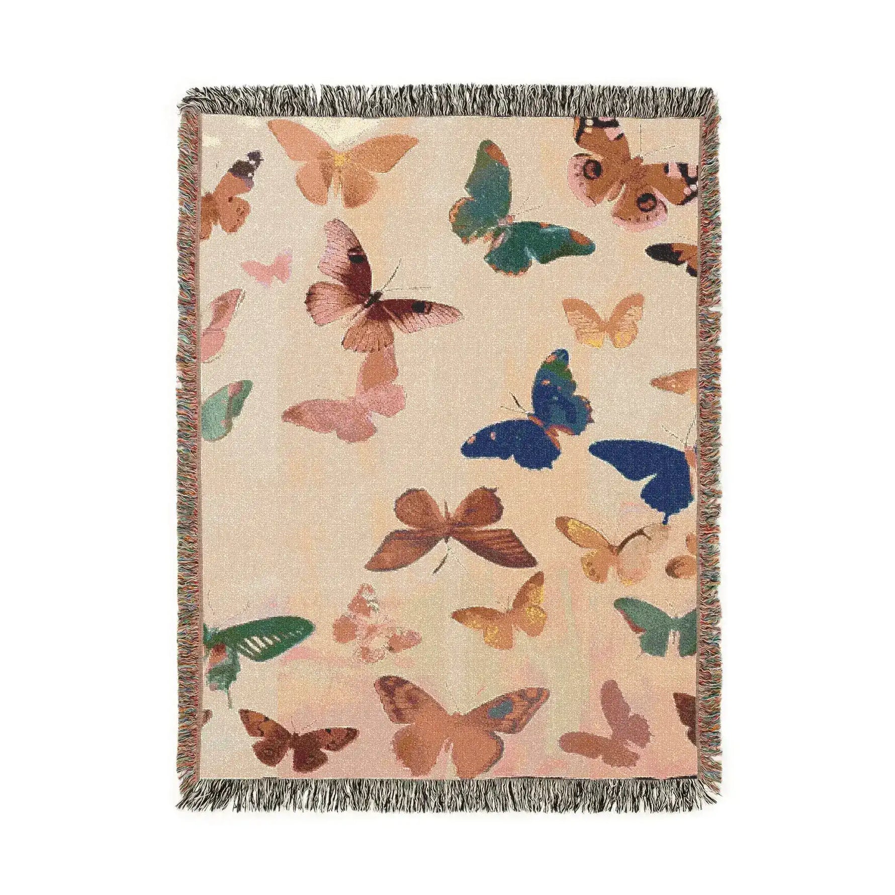 Vibrant Butterfly Woven Blanket flat lay from wider angle — cream woven throw with scattered butterflies in blue, pink, teal, and golden hues with fringed border